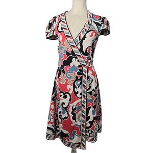 BCBGMAXAZRIA S Womens Wrap Dress Short Sleeve Geometric Print Belted Midi Orange